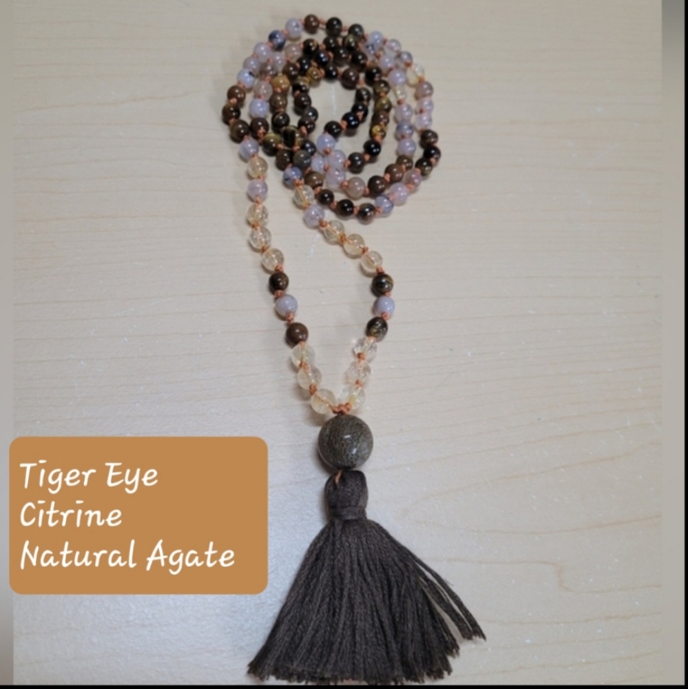 108 Gemstone Beads Hand-knotted Tassle & Guru Bead Necklace NWT